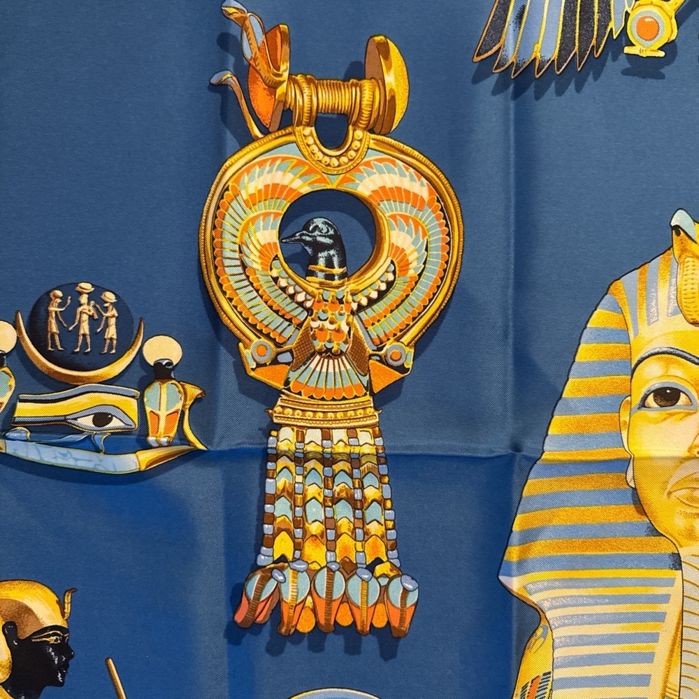 Vintage Hermes Egyptian Tutankhamun Silk-Style Scarf in Blue and Gold - Picture 9 of 9
